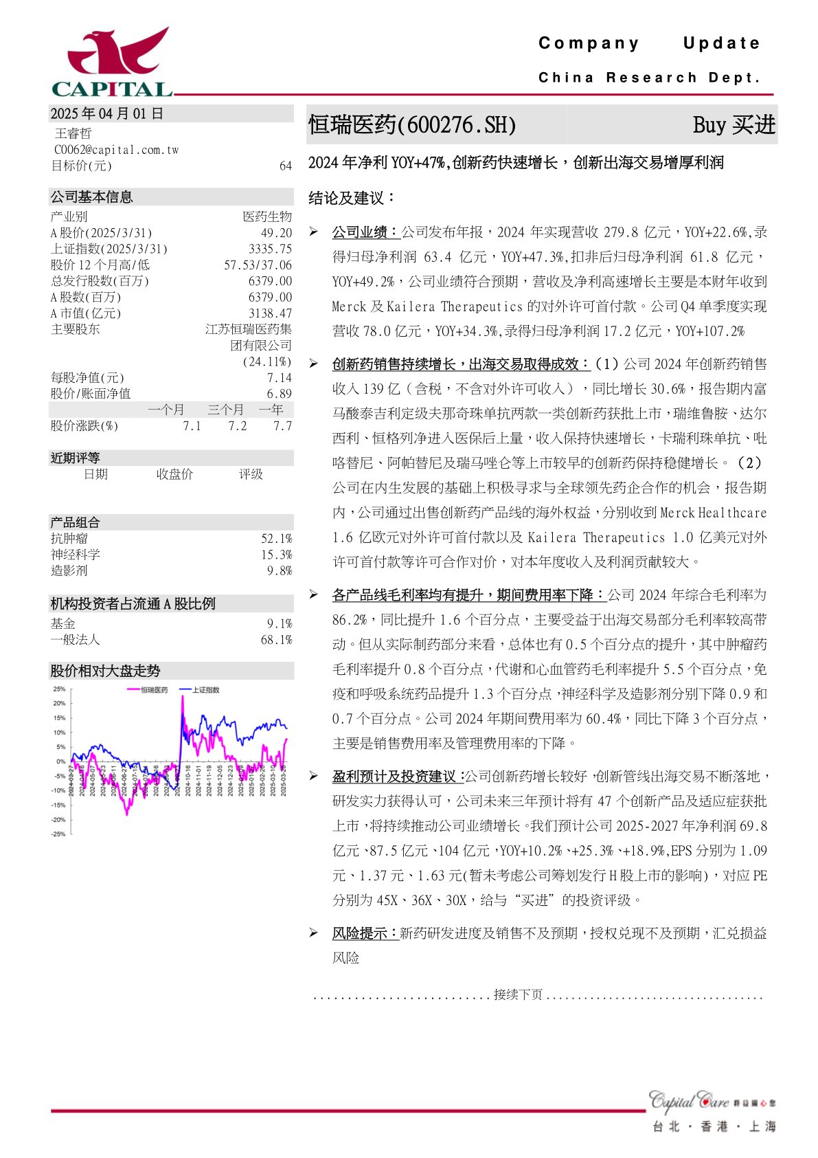 2024年净利YOY+47%，创新药快速增长，创新出海交易增厚利润