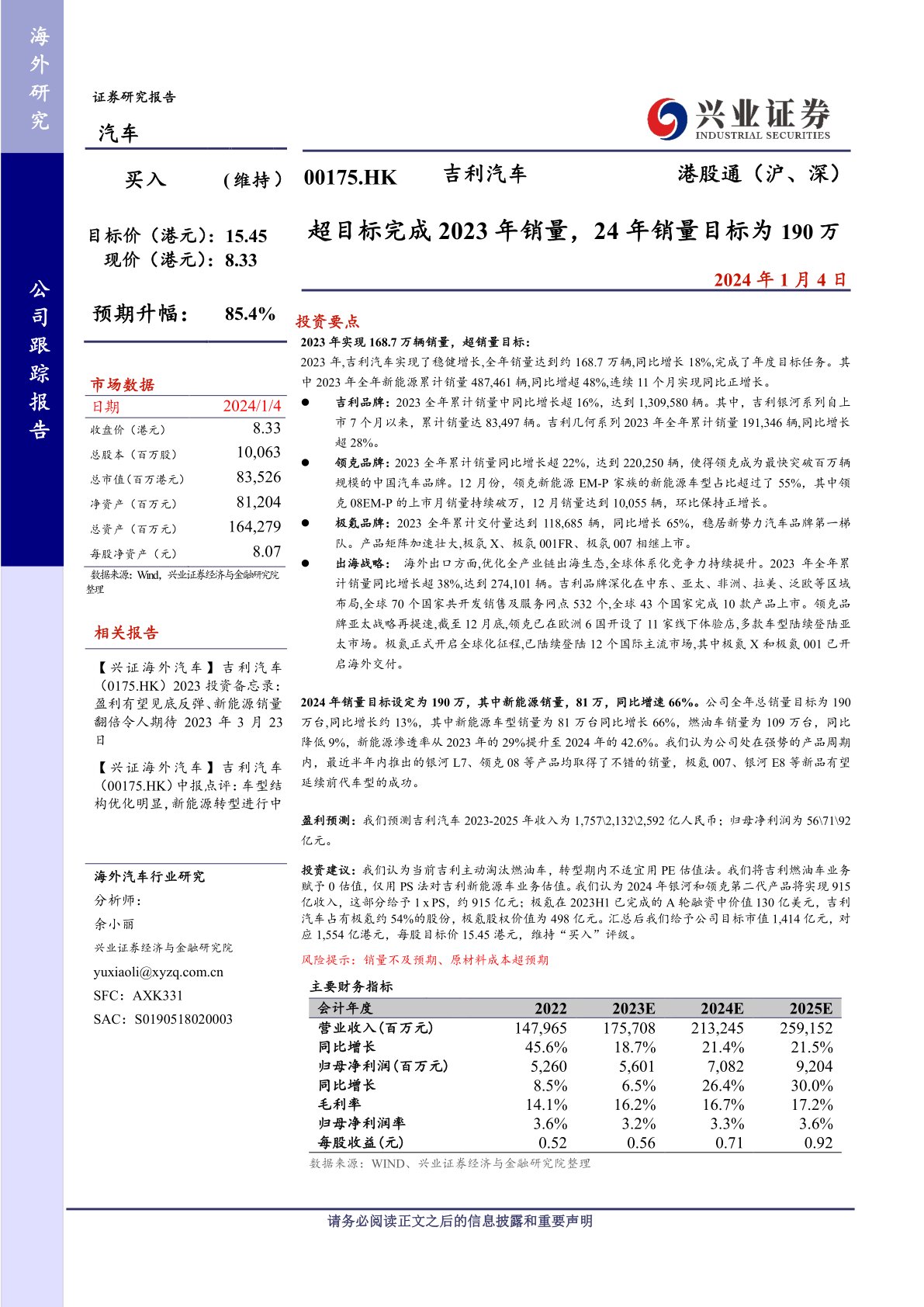 吉利汽车(00175):超目标完成2023年销量,24年销量目标为190万