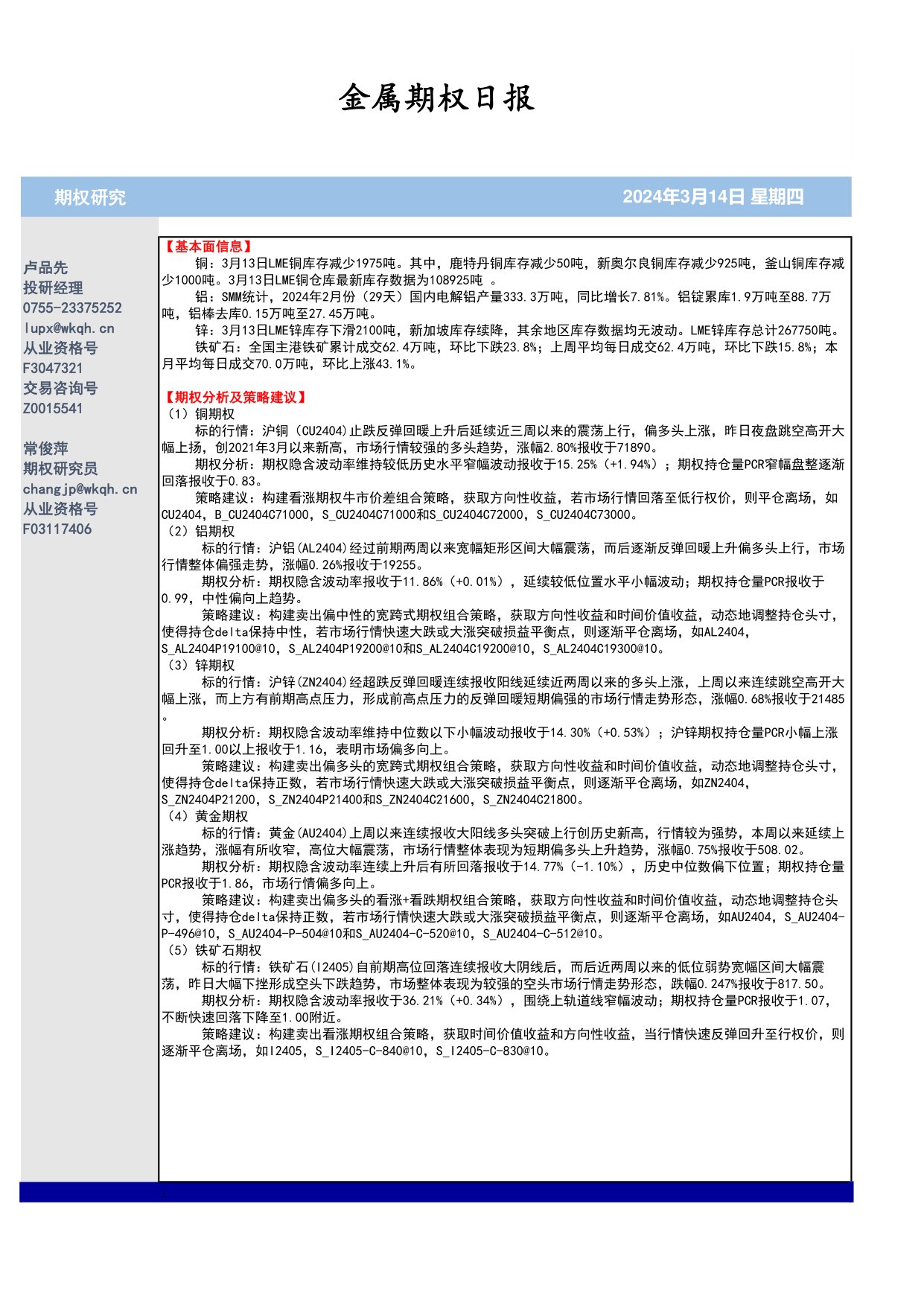 五矿期货金属期权日报