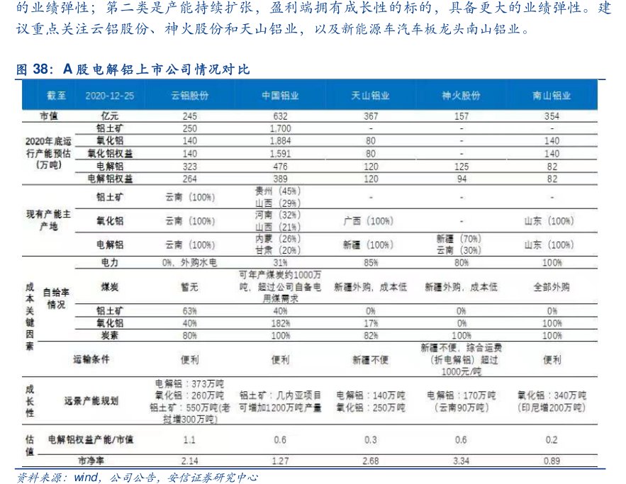 的业绩弹性；第二类是产能持续扩张，盈利端拥有成长性的标的，具备更大的业绩弹性。建议重点关注云铝股份、神火股份和天山铝业，以及新能源车汽车板龙头<hl>南</hl><hl>山</hl><hl>铝</hl><hl>业</hl>。A股电解铝上市公司情况对比