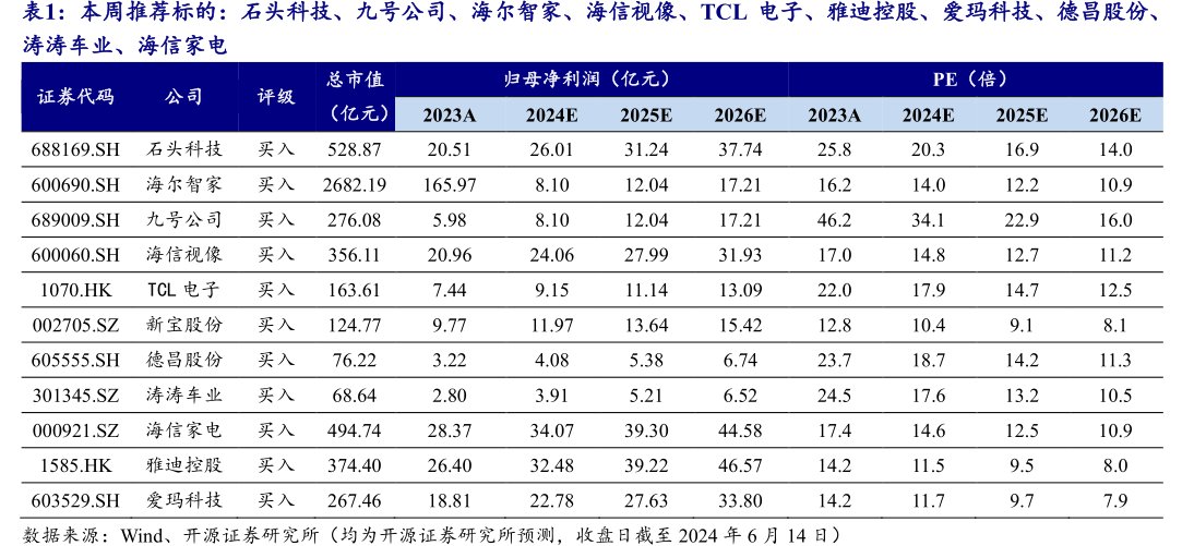 本周推荐标的：石头科技、九号公司、海尔智家、<hl>海</hl><hl>信</hl><hl>视</hl><hl>像</hl>、TCL电子、雅迪控股、爱玛科技、德昌股份、涛涛车业、海信家电