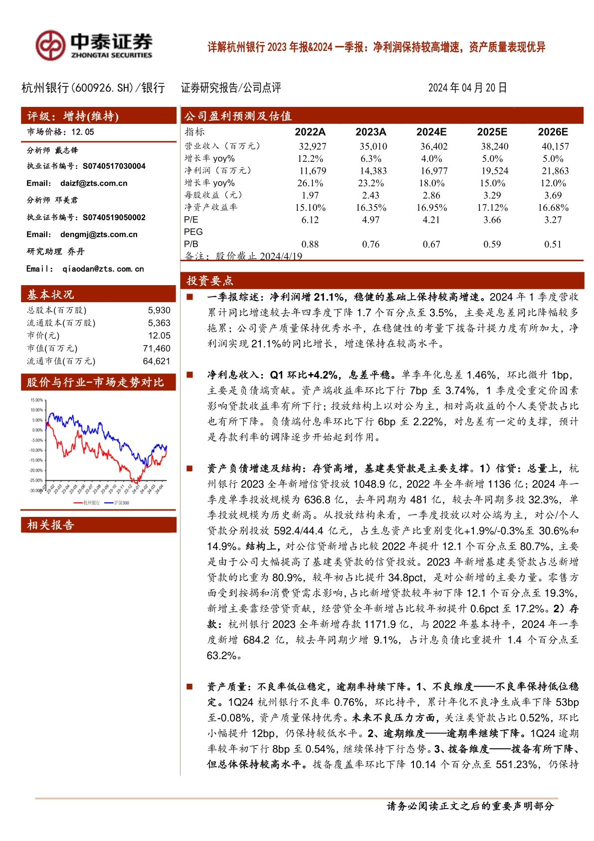 详解杭州银行2023年报&2024一季报：净利润保持较高增速，资产质量表现优异
