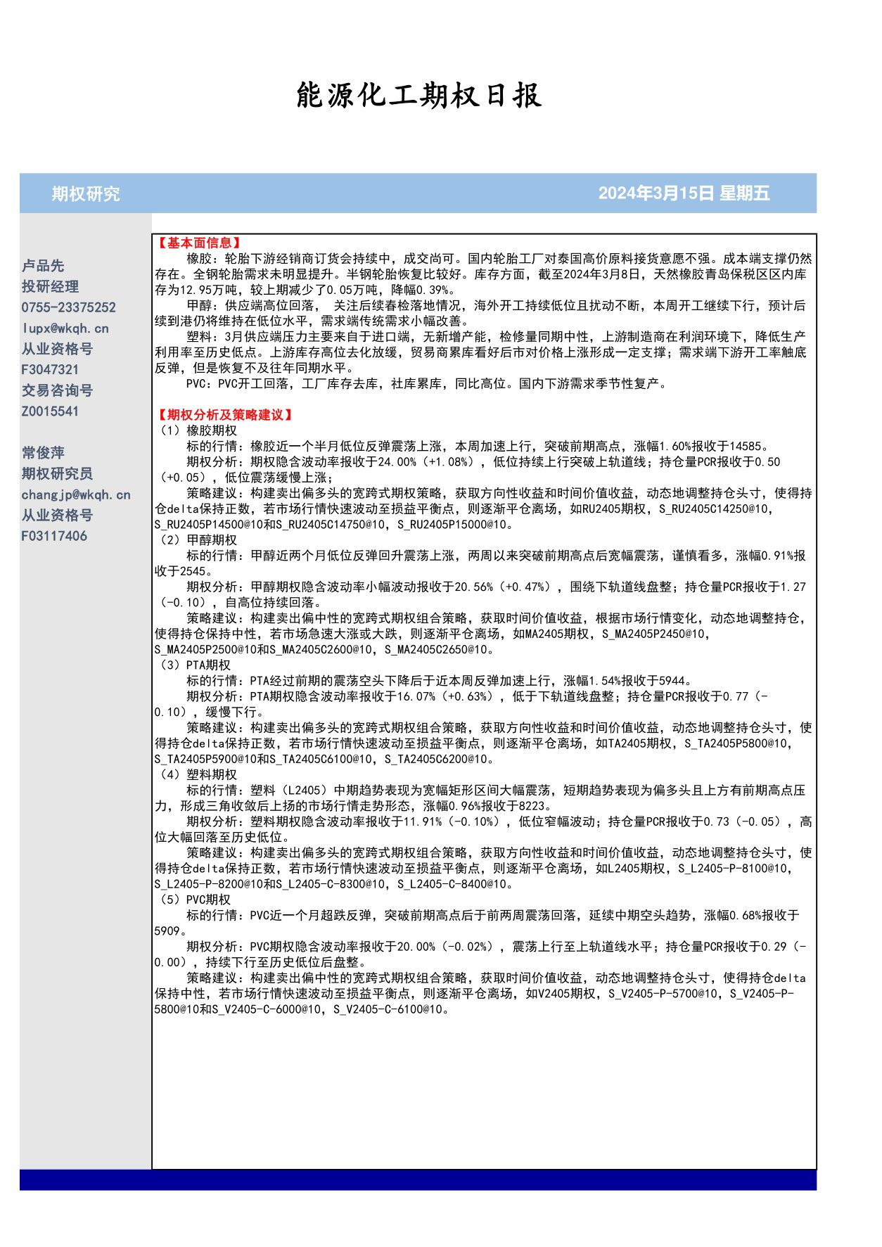 五矿期货能源化工期权日报