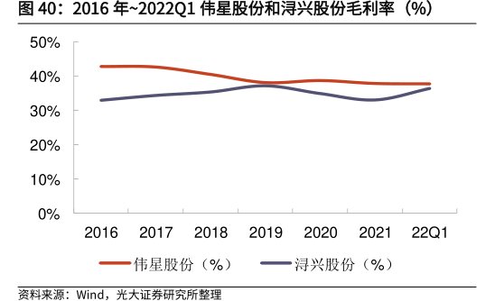 2016年~2022Q1<hl>伟</hl><hl>星</hl><hl>股</hl><hl>份</hl>和浔兴股份毛利率（%）