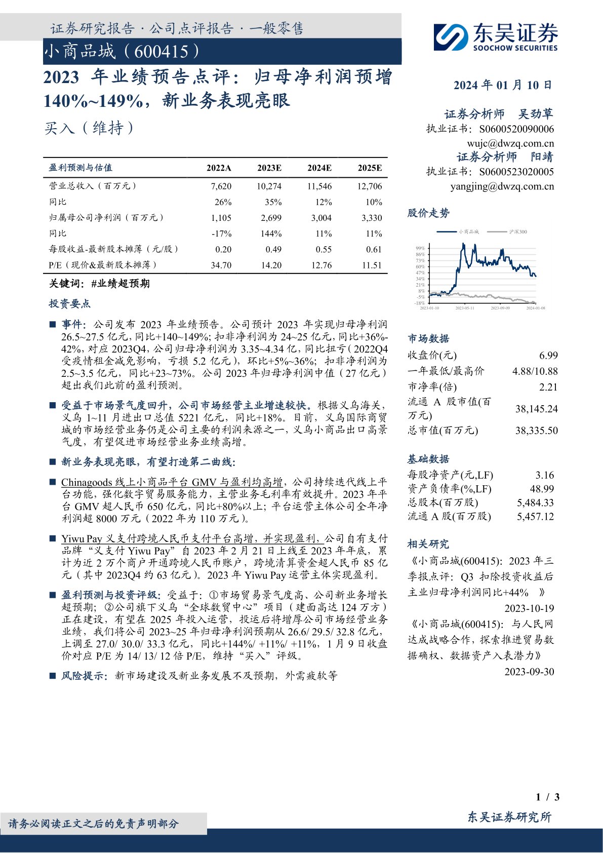 小商品城(600415):2023年业绩预告点评:归母净利润预增140%~149%,新业务表现亮眼