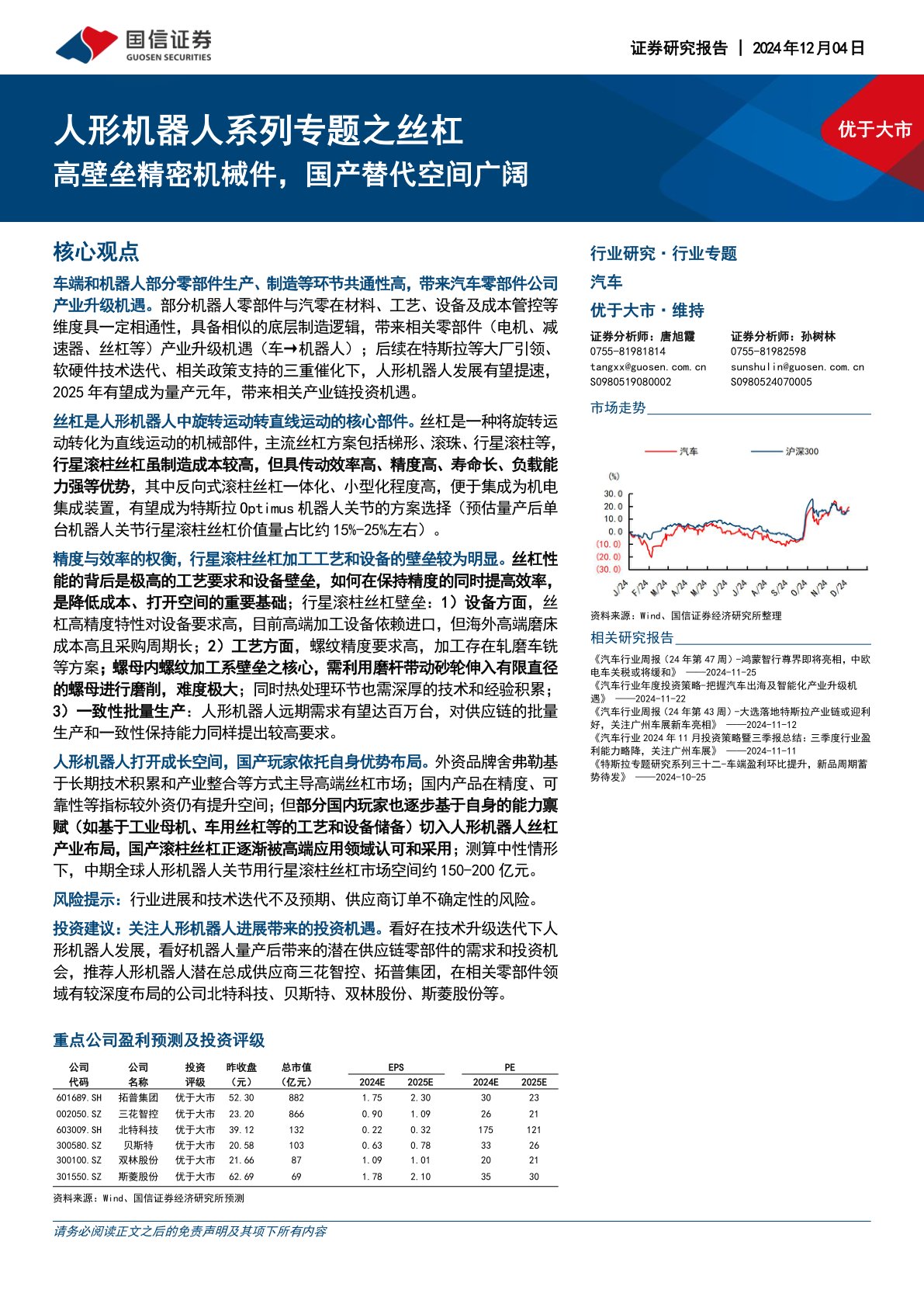 人形机器人系列专题之丝杠:高壁垒精密机械件,国产替代空间广阔