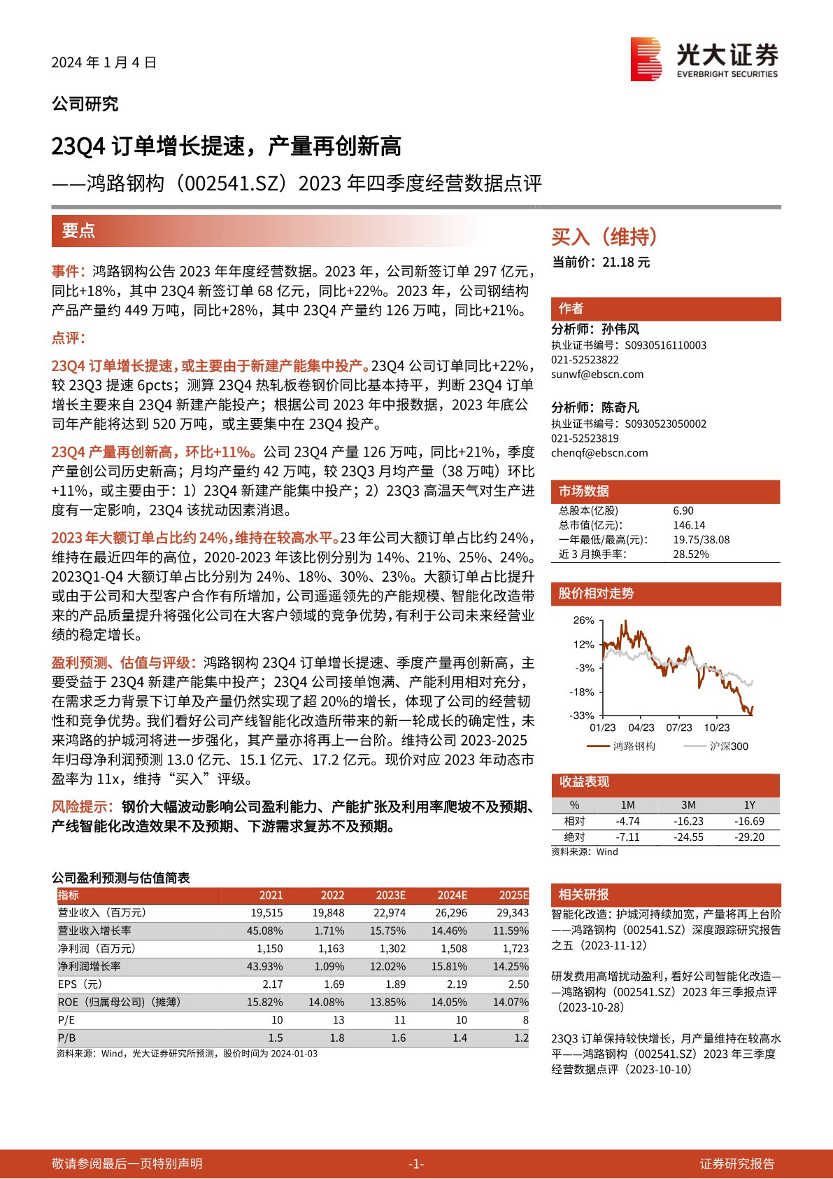 鸿路钢构（002541）：2023年四季度经营数据点评：23Q4订单增长提速，产量再创新高