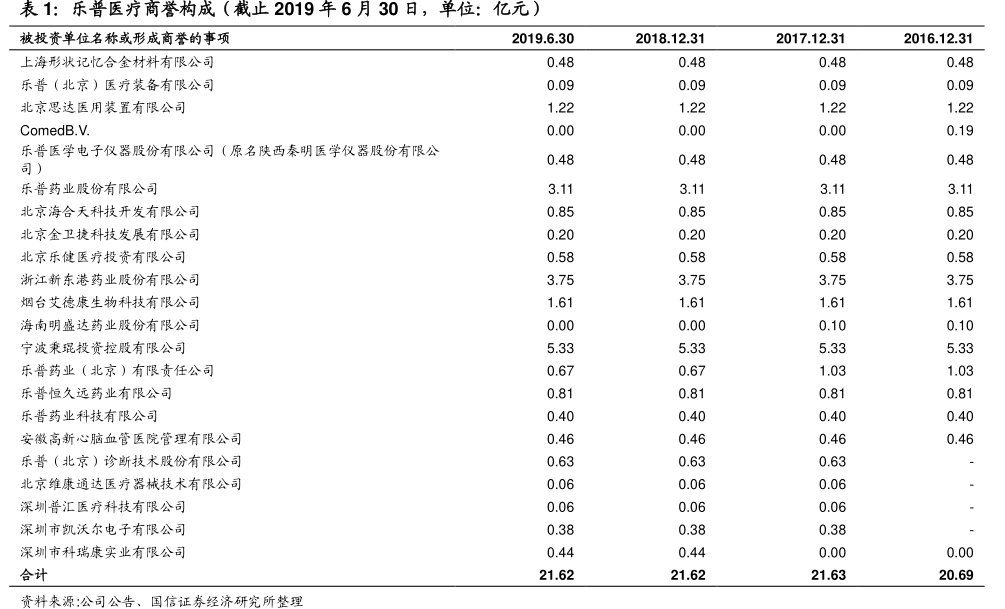 <hl>乐</hl><hl>普</hl><hl>医</hl><hl>疗</hl>商誉构成（截止2019年6月30日，单位：亿元）