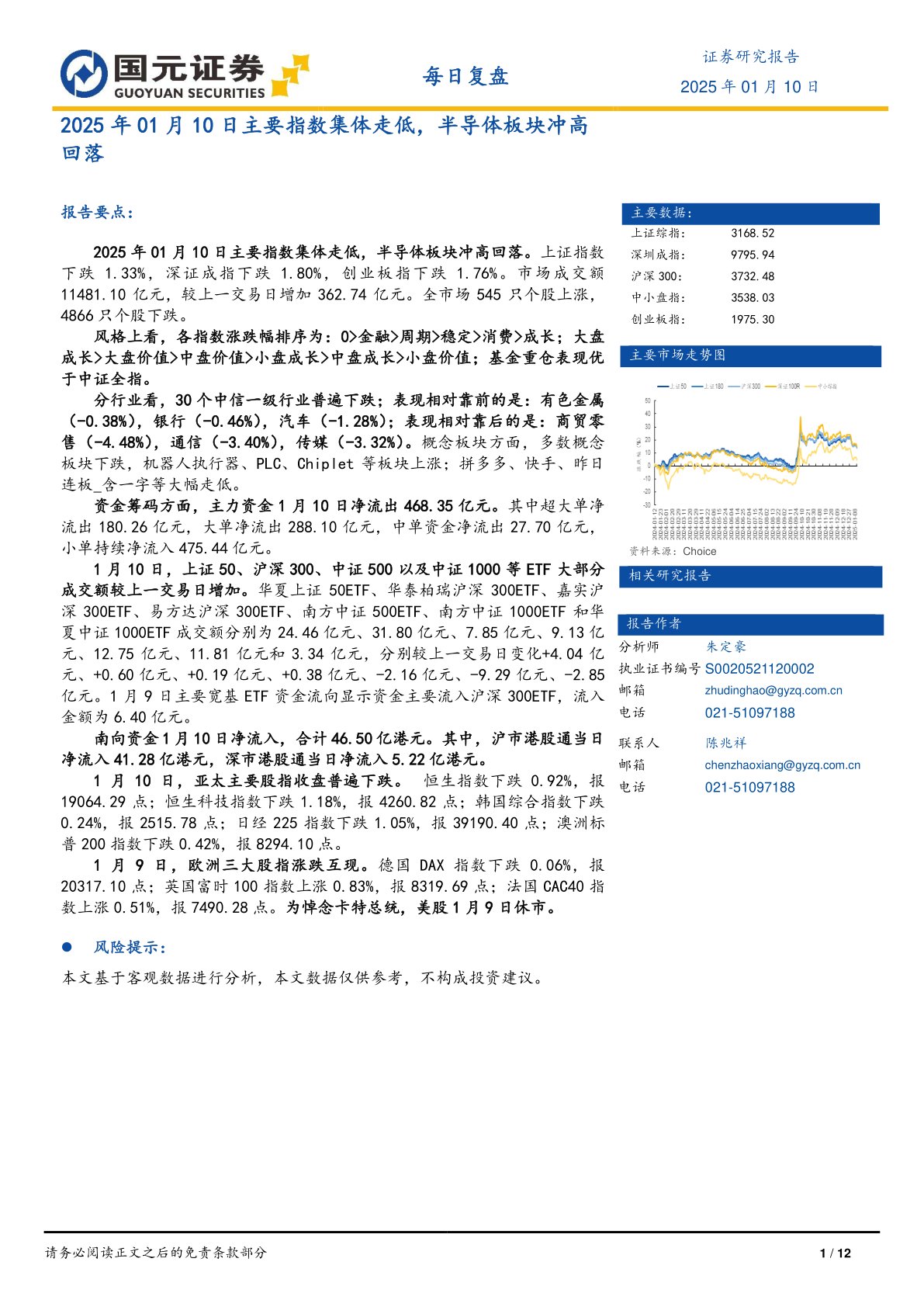 每日复盘：主要指数集体走低，半导体板块冲高回落