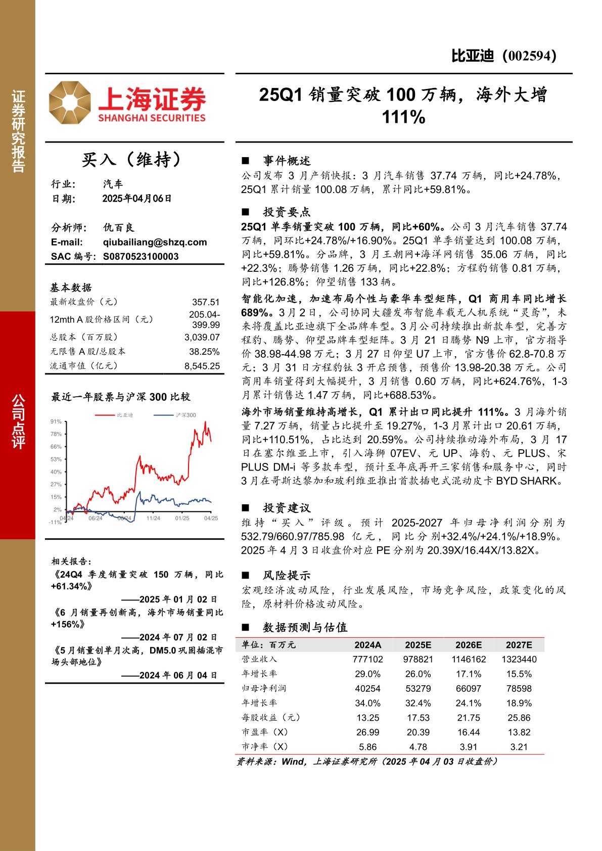 25Q1销量突破100万辆，海外大增111%