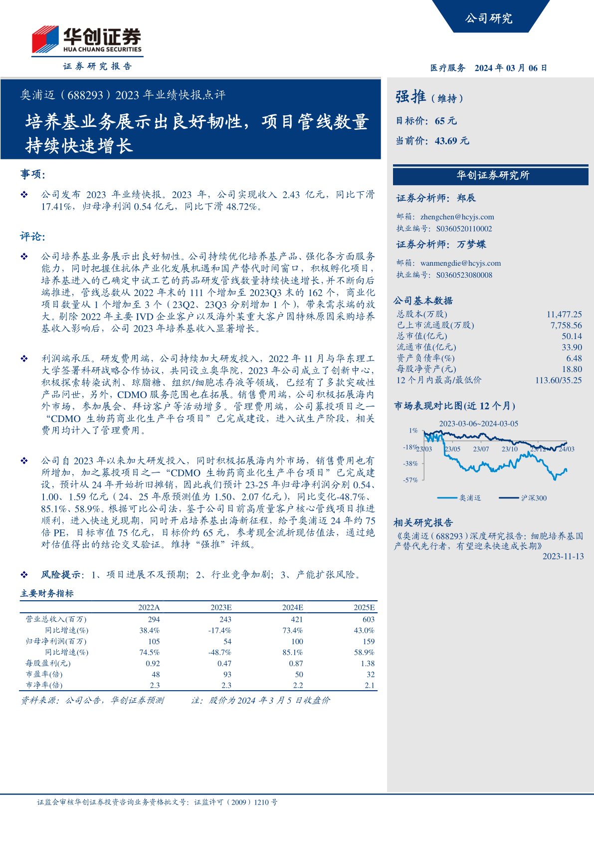 奥浦迈(688293):2023年业绩快报点评:培养基业务展示出良好韧性,项目管线数量持续快速增长