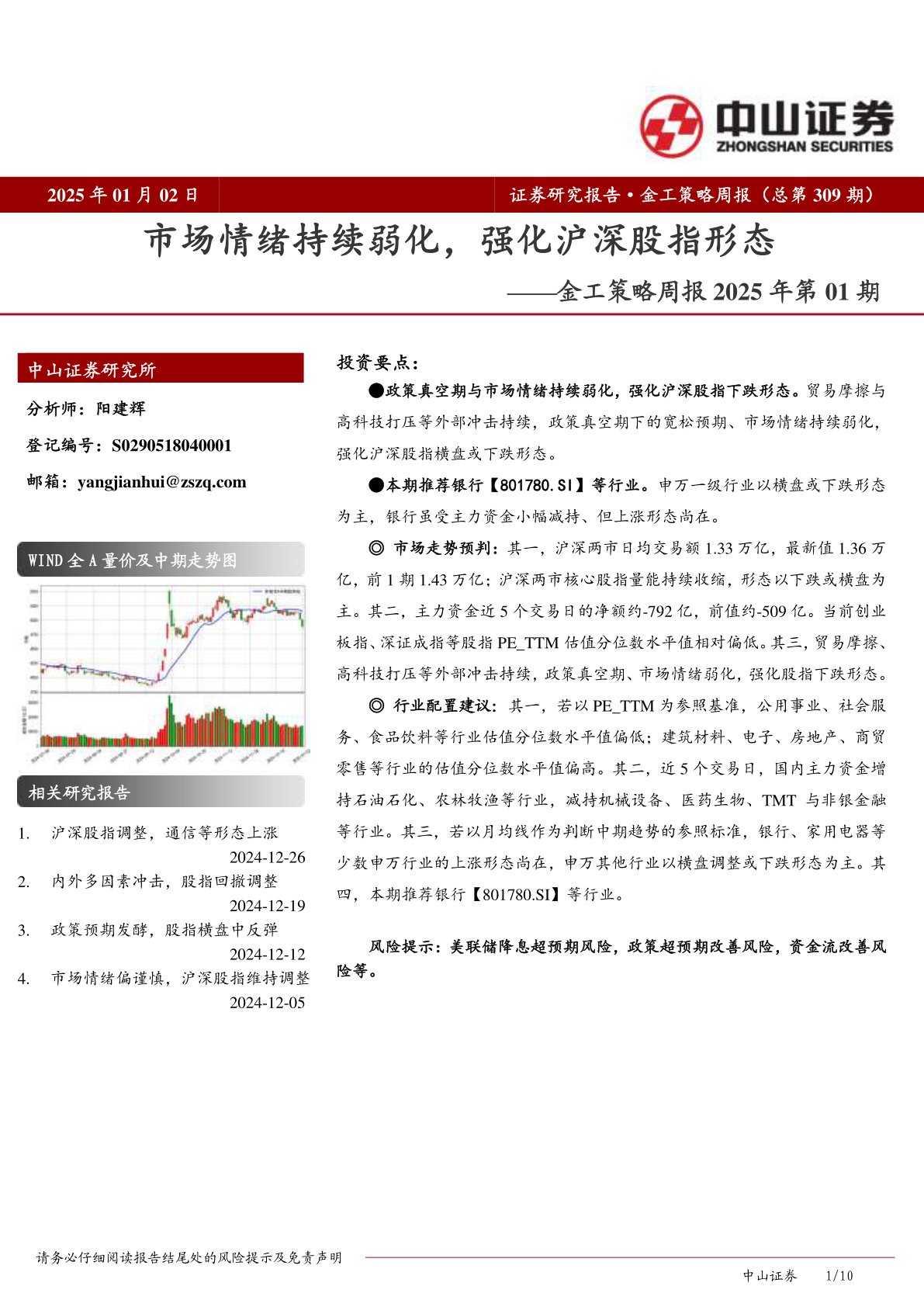 金工策略周报2025年第01期：市场情绪持续弱化，强化沪深股指形态