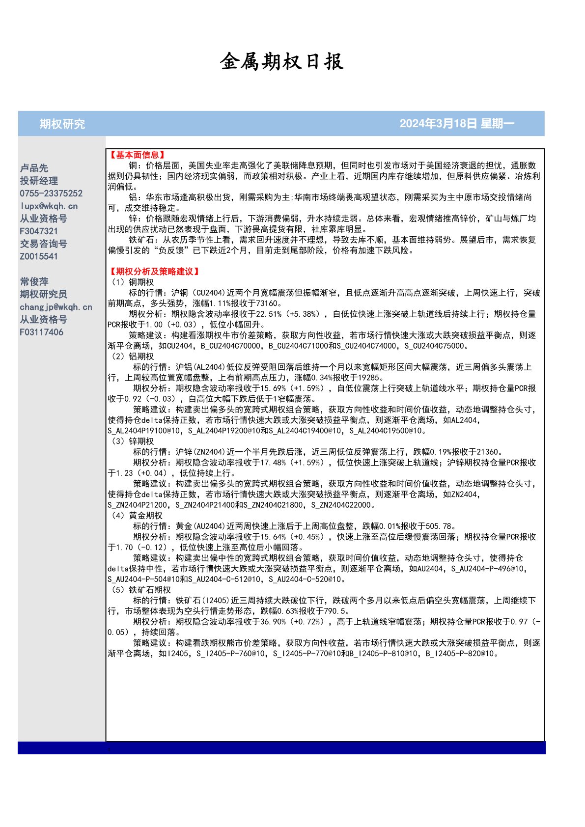 五矿期货金属期权日报